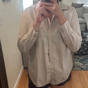 Beige Thin Striped Button-Up Oversized Shirt